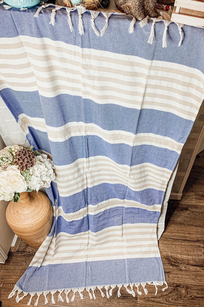 Mediterranean Cotton Bath Towel 180GSM Lightweight Gray Blue Summer - - Textiles & Pillows