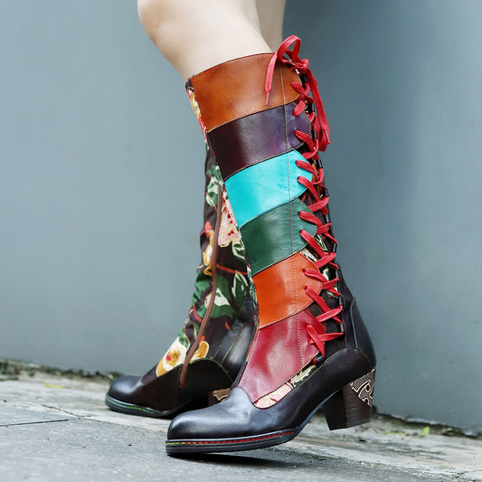 Leather Handmade Embossed Adjustable Boots - - Boots