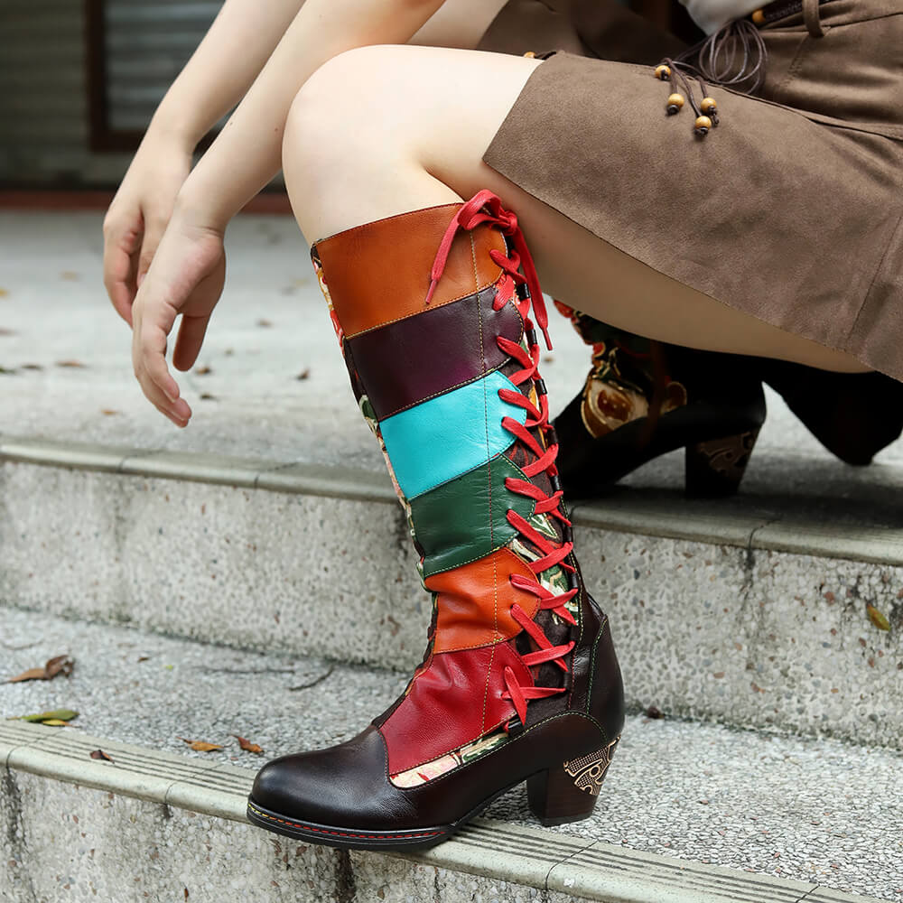 Leather Handmade Embossed Adjustable Boots - - Boots