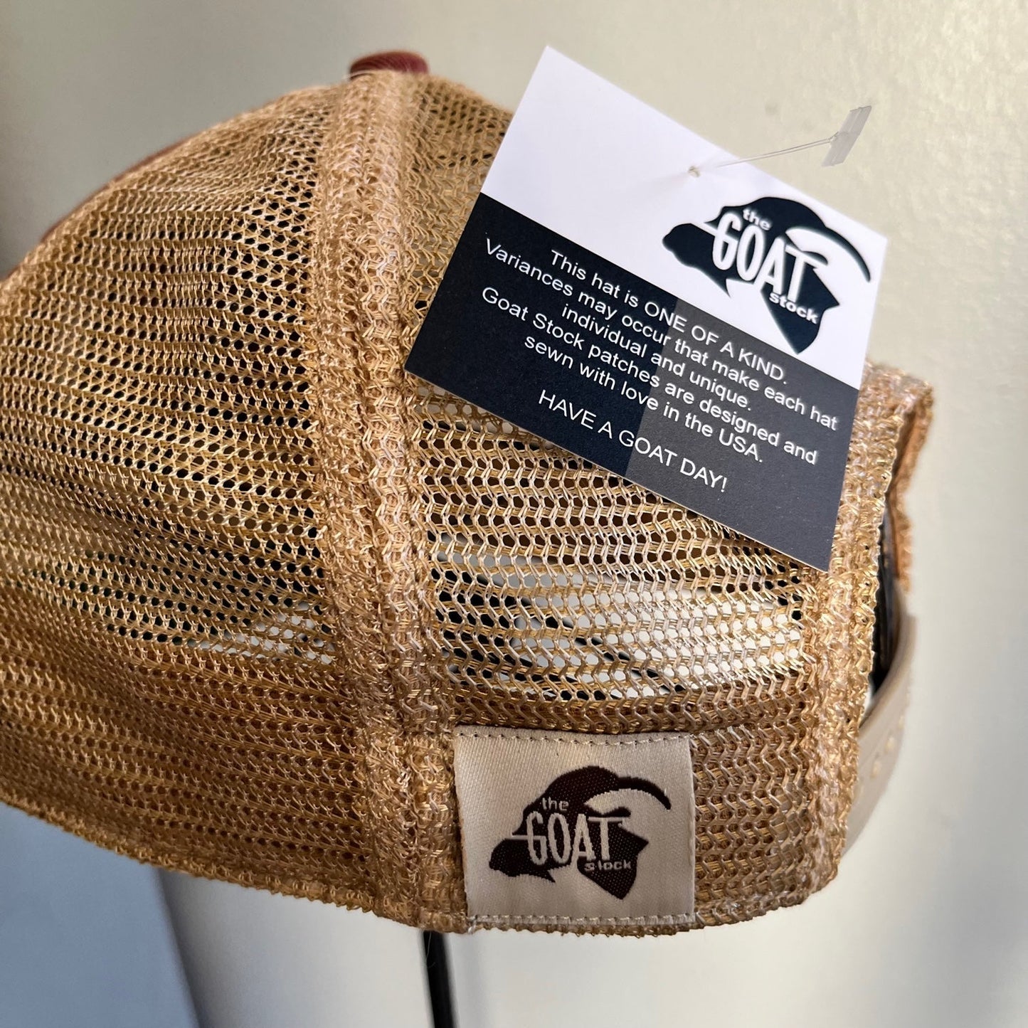 CHERRIES Distressed Tan Mesh Snapback Baseball Cap- The Goat Stock- {{Product type}}
