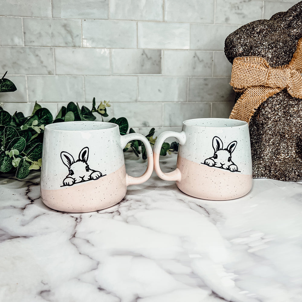 Farmhouse Ceramic Bunny Mug Hand-Painted Ivory With Pastel Pink Base, 12 Oz - - Mugs