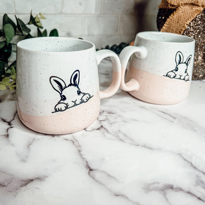 Farmhouse Ceramic Bunny Mug Hand-Painted Ivory With Pastel Pink Base, 12 Oz - - Mugs