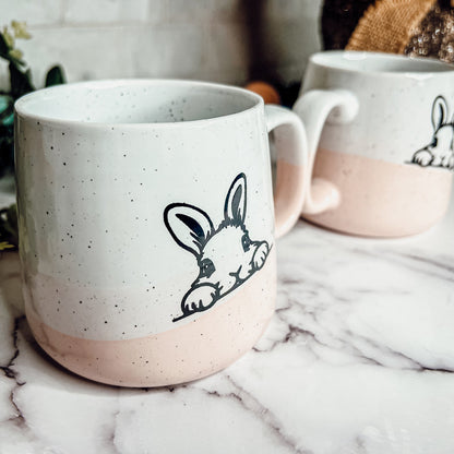 Farmhouse Ceramic Bunny Mug Hand-Painted Ivory With Pastel Pink Base, 12 Oz - - Mugs