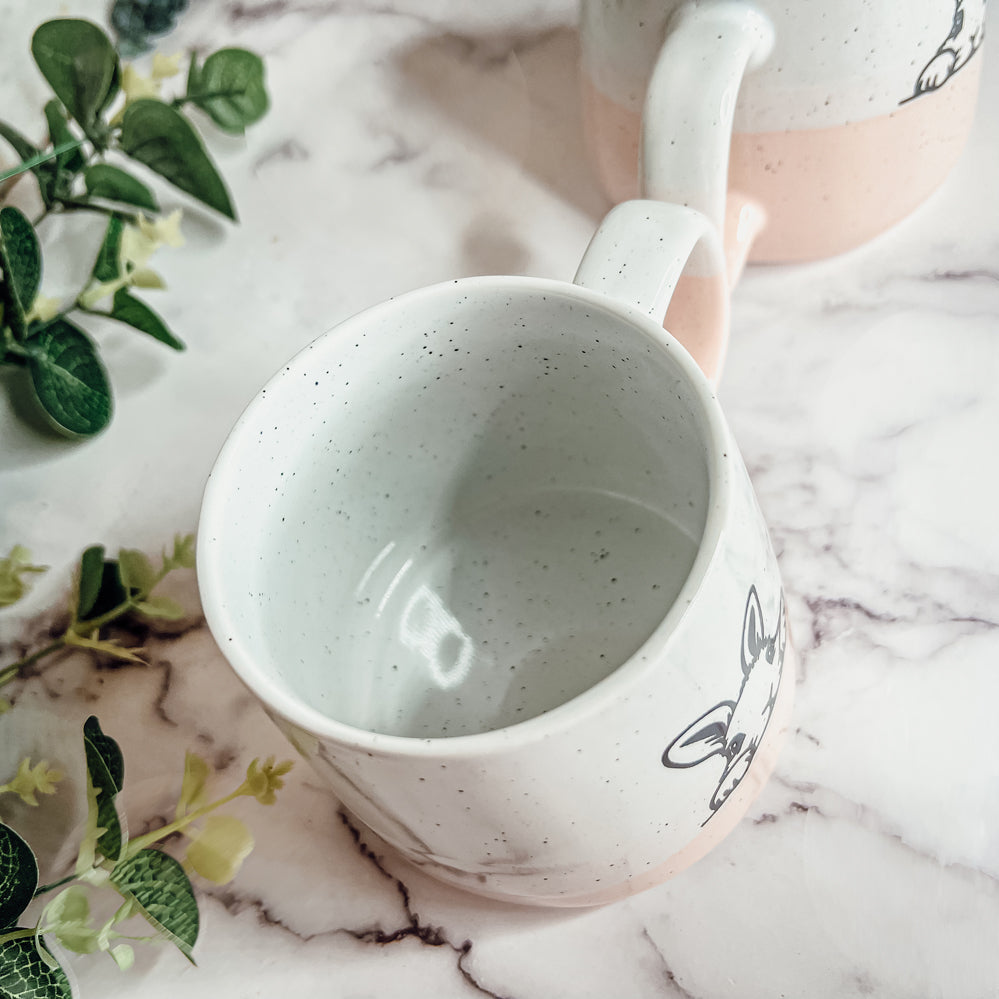 Farmhouse Ceramic Bunny Mug Hand-Painted Ivory With Pastel Pink Base, 12 Oz - - Mugs
