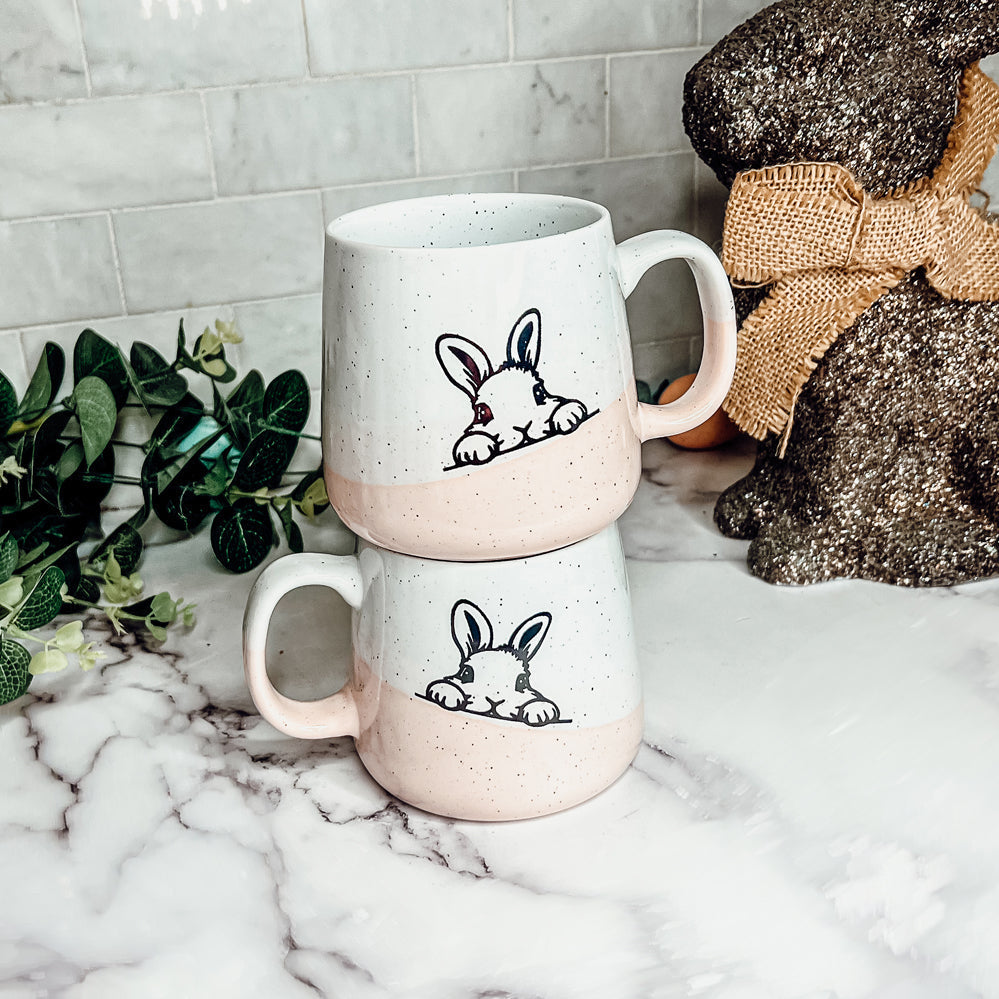 Farmhouse Ceramic Bunny Mug Hand-Painted Ivory With Pastel Pink Base, 12 Oz - - Mugs