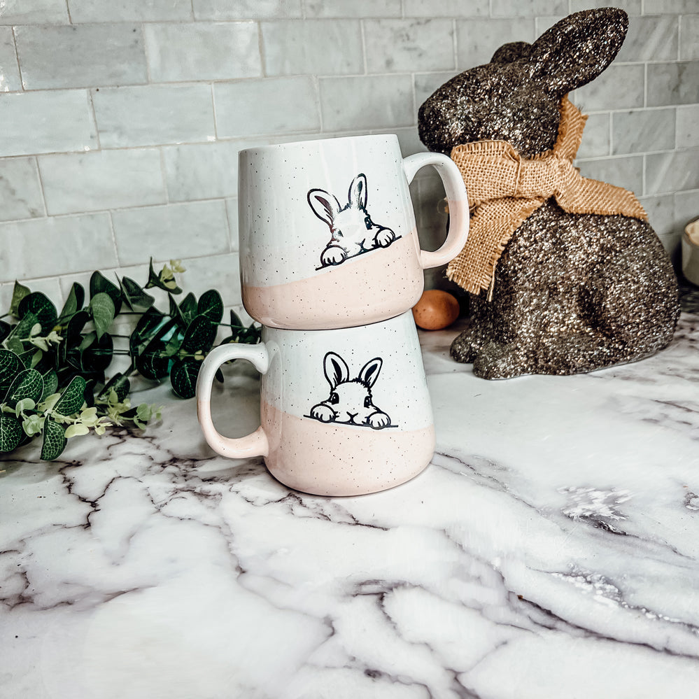 Farmhouse Ceramic Bunny Mug Hand-Painted Ivory With Pastel Pink Base, 12 Oz - - Mugs