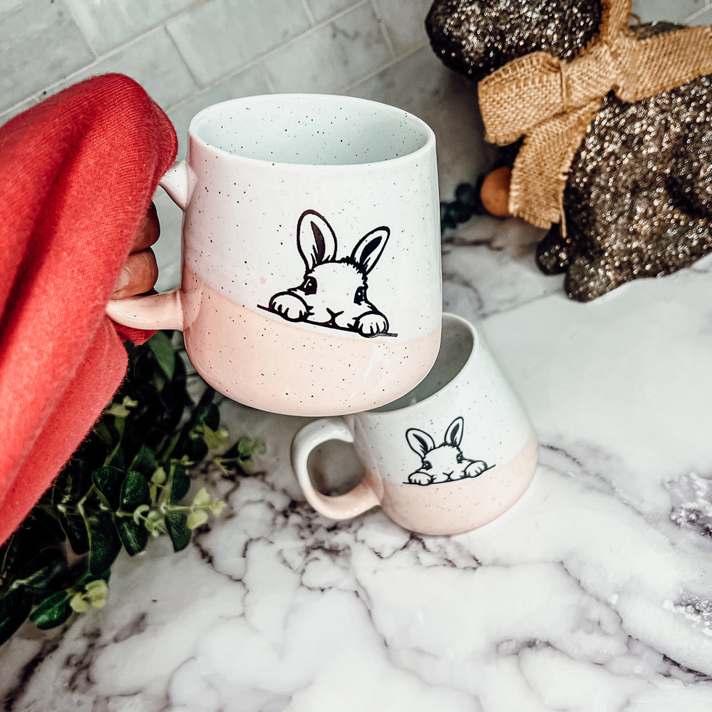 Farmhouse Ceramic Bunny Mug Hand-Painted Ivory With Pastel Pink Base, 12 Oz - - Mugs