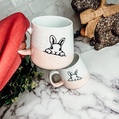 Farmhouse Ceramic Bunny Mug Hand-Painted Ivory With Pastel Pink Base, 12 Oz - - Mugs