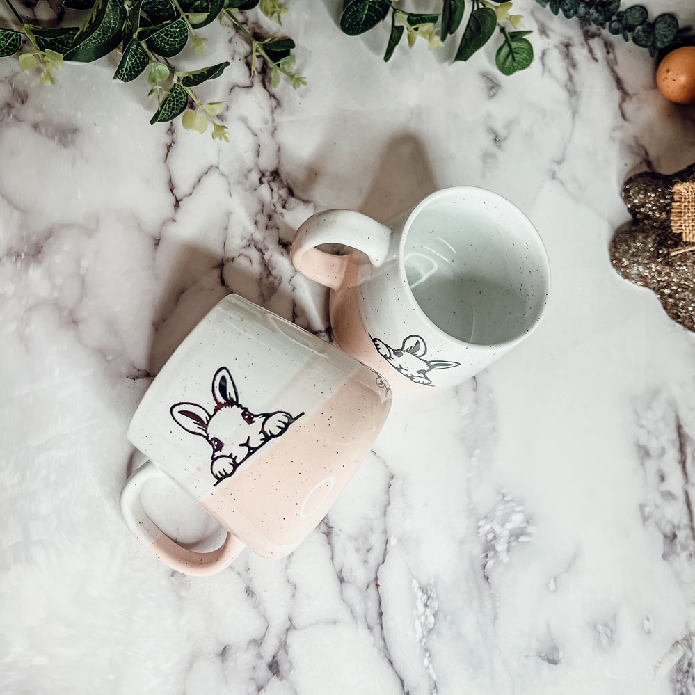 Farmhouse Ceramic Bunny Mug Hand-Painted Ivory With Pastel Pink Base, 12 Oz - - Mugs