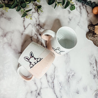 Farmhouse Ceramic Bunny Mug Hand-Painted Ivory With Pastel Pink Base, 12 Oz - - Mugs