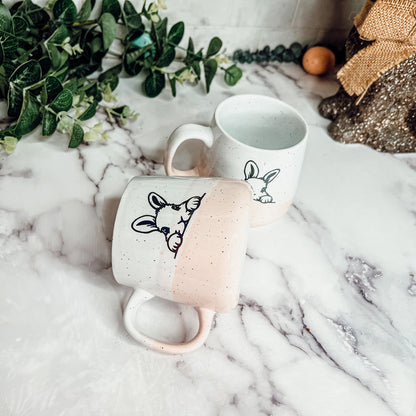 Farmhouse Ceramic Bunny Mug Hand-Painted Ivory With Pastel Pink Base, 12 Oz - - Mugs