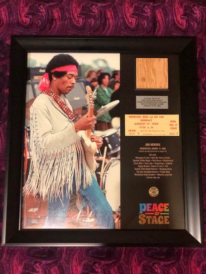 Limited Edition Jimi Hendrix Frame with Piece of 1969 Woodstock Stage and Original Ticket- Peace Of Stage LLC- {{Product type}}