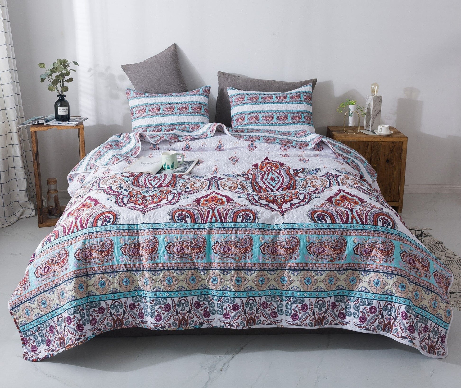 DaDa Bedding Bohemian Summertime White Blue Floral Paisley Bedspread Set (KSX-003)- DaDalogy Bedding Collection- {{Product type}}