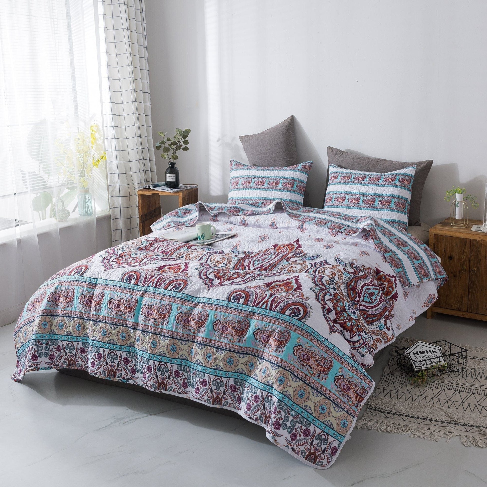 DaDa Bedding Bohemian Summertime White Blue Floral Paisley Bedspread Set (KSX-003)- DaDalogy Bedding Collection- {{Product type}}