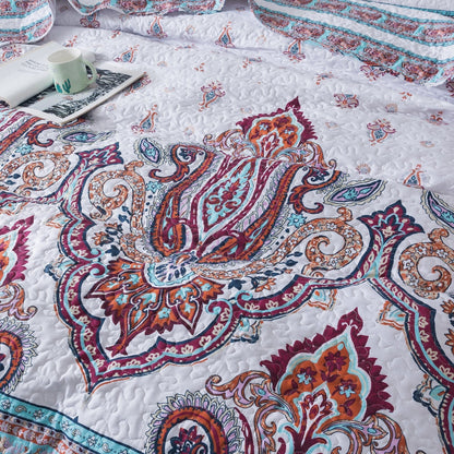 DaDa Bedding Bohemian Summertime White Blue Floral Paisley Bedspread Set (KSX-003)- DaDalogy Bedding Collection- {{Product type}}