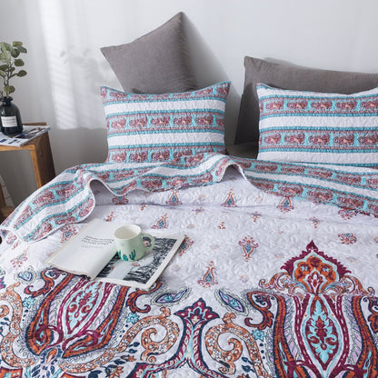 DaDa Bedding Bohemian Summertime White Blue Floral Paisley Bedspread Set (KSX-003)- DaDalogy Bedding Collection- {{Product type}}