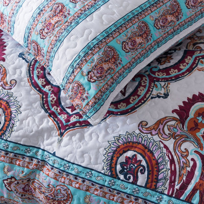 DaDa Bedding Bohemian Summertime White Blue Floral Paisley Bedspread Set (KSX-003)- DaDalogy Bedding Collection- {{Product type}}