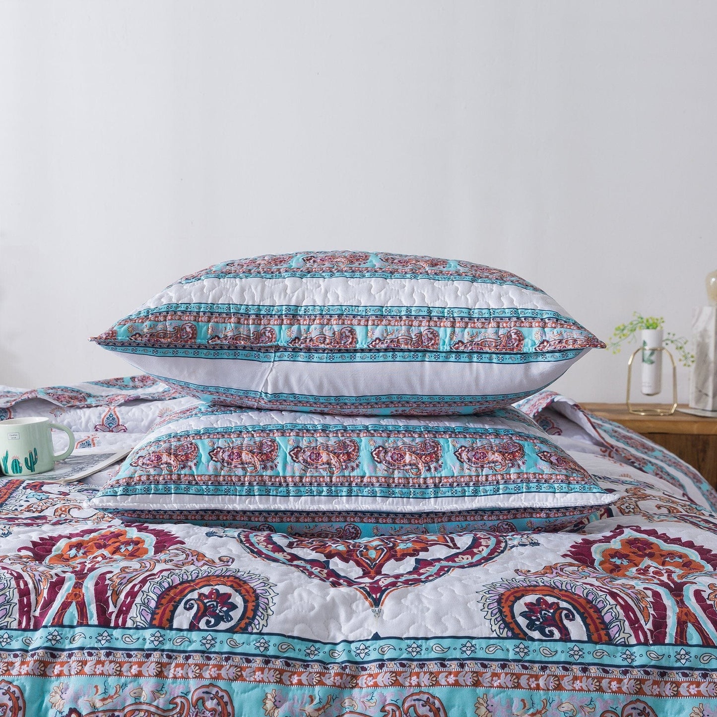DaDa Bedding Bohemian Summertime White Blue Floral Paisley Bedspread Set (KSX-003)- DaDalogy Bedding Collection- {{Product type}}