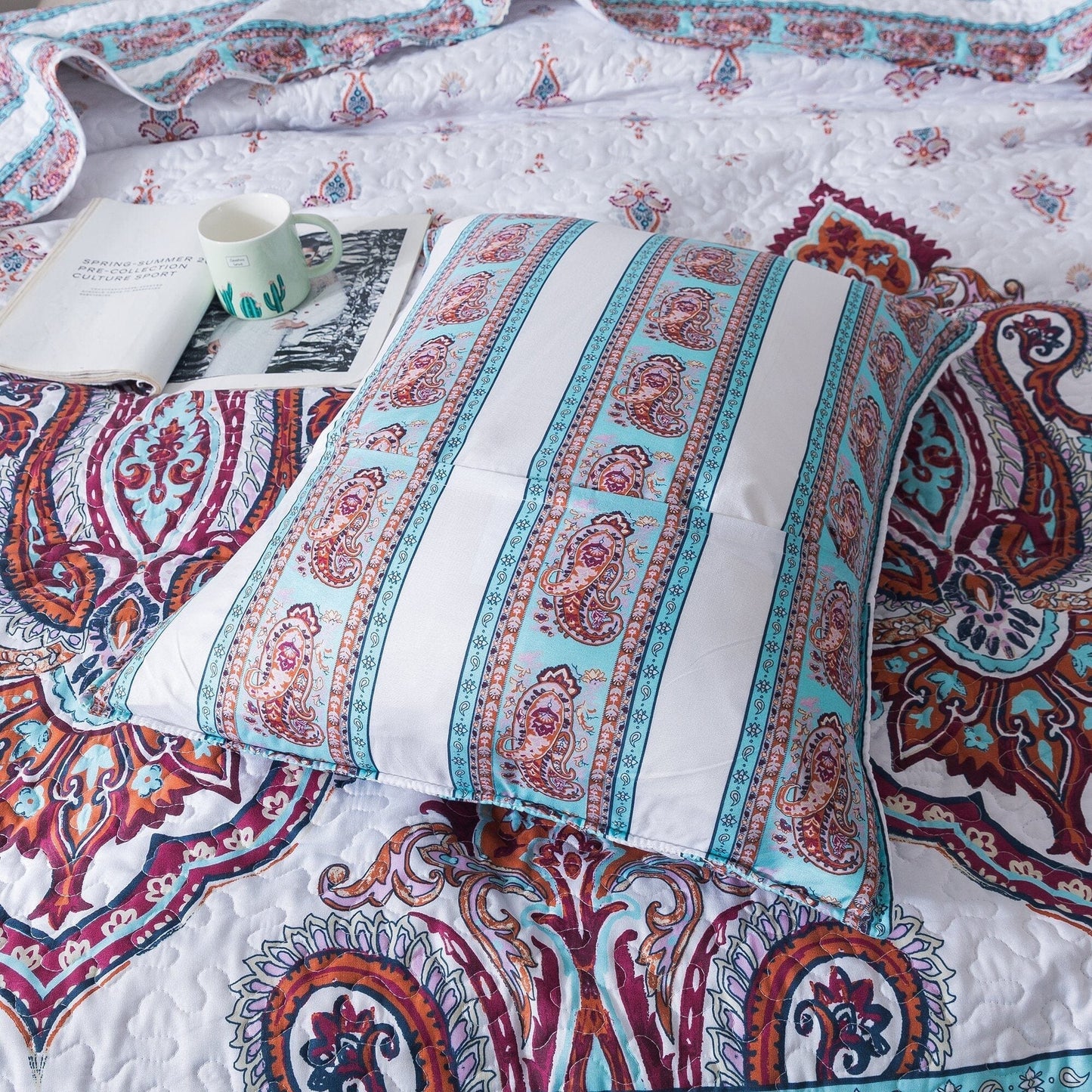 DaDa Bedding Bohemian Summertime White Blue Floral Paisley Bedspread Set (KSX-003)- DaDalogy Bedding Collection- {{Product type}}