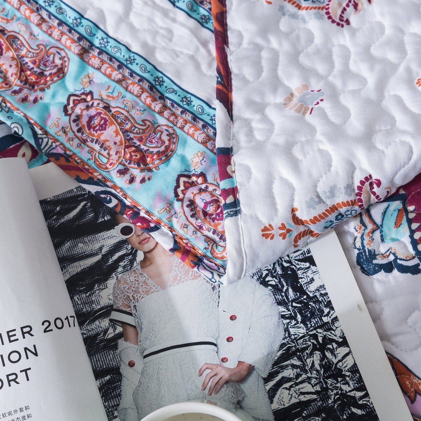 DaDa Bedding Bohemian Summertime White Blue Floral Paisley Bedspread Set (KSX-003)- DaDalogy Bedding Collection- {{Product type}}