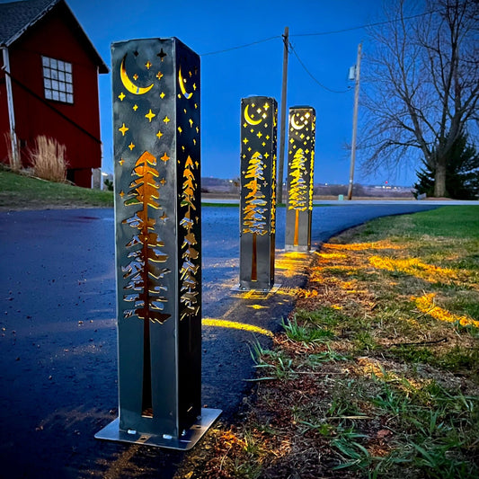 4-Sided Night Sky Pine Tree Solar Pillar - Steel - - Luminary