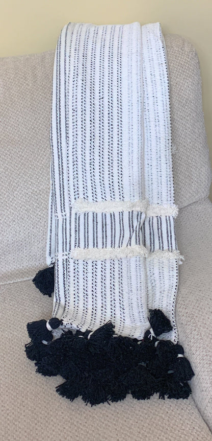Hand loom Woven Textured Throw Black & Off White - - Home Furnishings