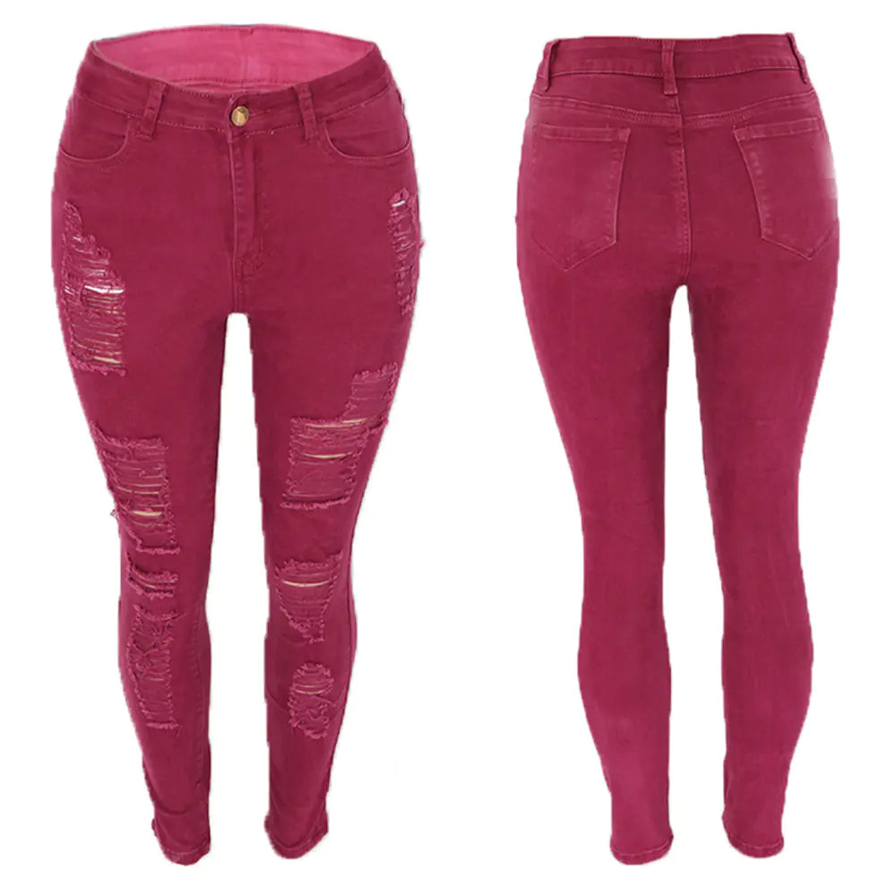 High-Rise Distressed Skinny Jeans in Burgundy & Olive Kia Day Design