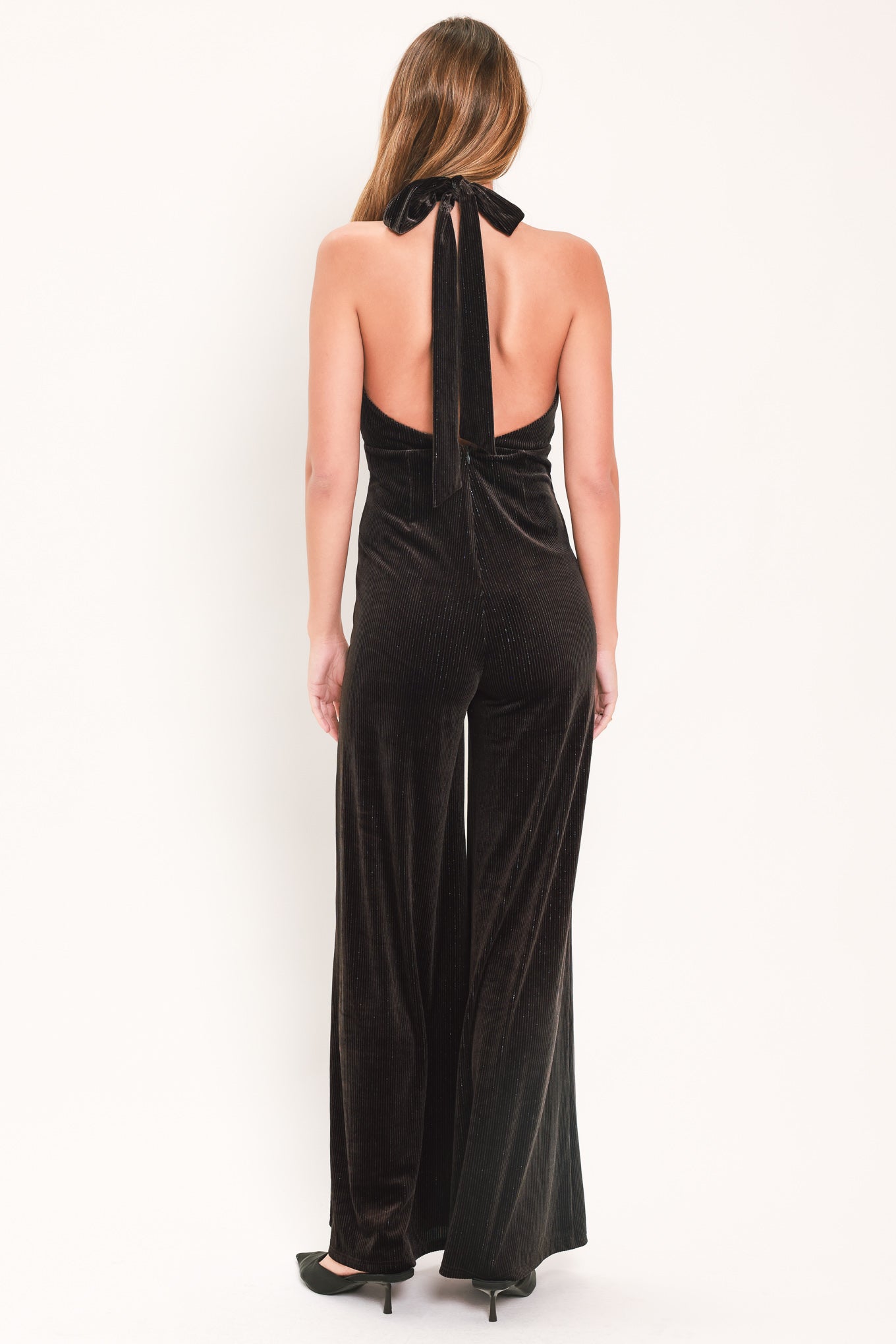 SHIMMERED ESPRESSO VOW VELVET JUMPSUIT - - JUMPSUIT