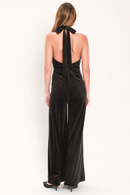 SHIMMERED ESPRESSO VOW VELVET JUMPSUIT - - JUMPSUIT