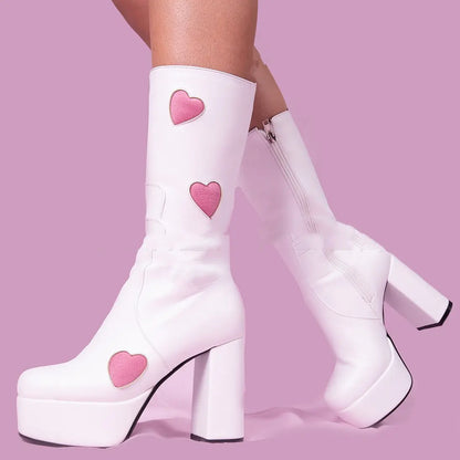 Women's Heart Zip Chunky Heel Mid Boots