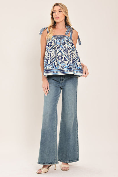 CAPRI COAST TIE-STRAP WOVEN TOP - - TOPS
