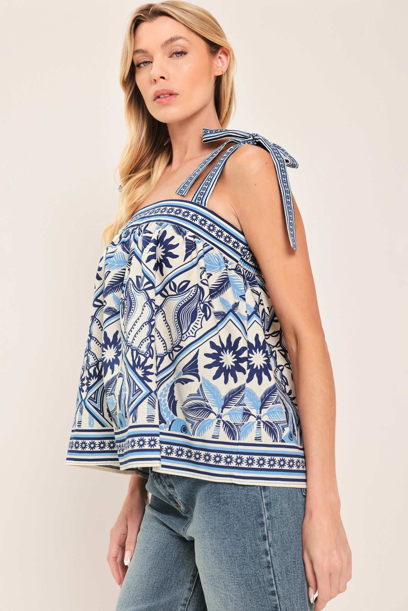 CAPRI COAST TIE-STRAP WOVEN TOP - - TOPS