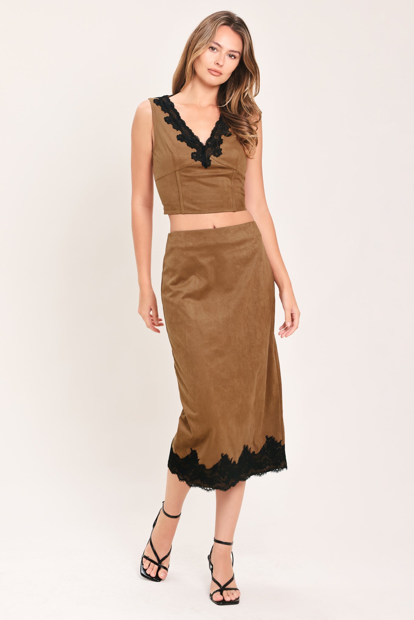 UMBER LACE AFTERGLOW FAUX SUEDE CROP TOP - - TOPS