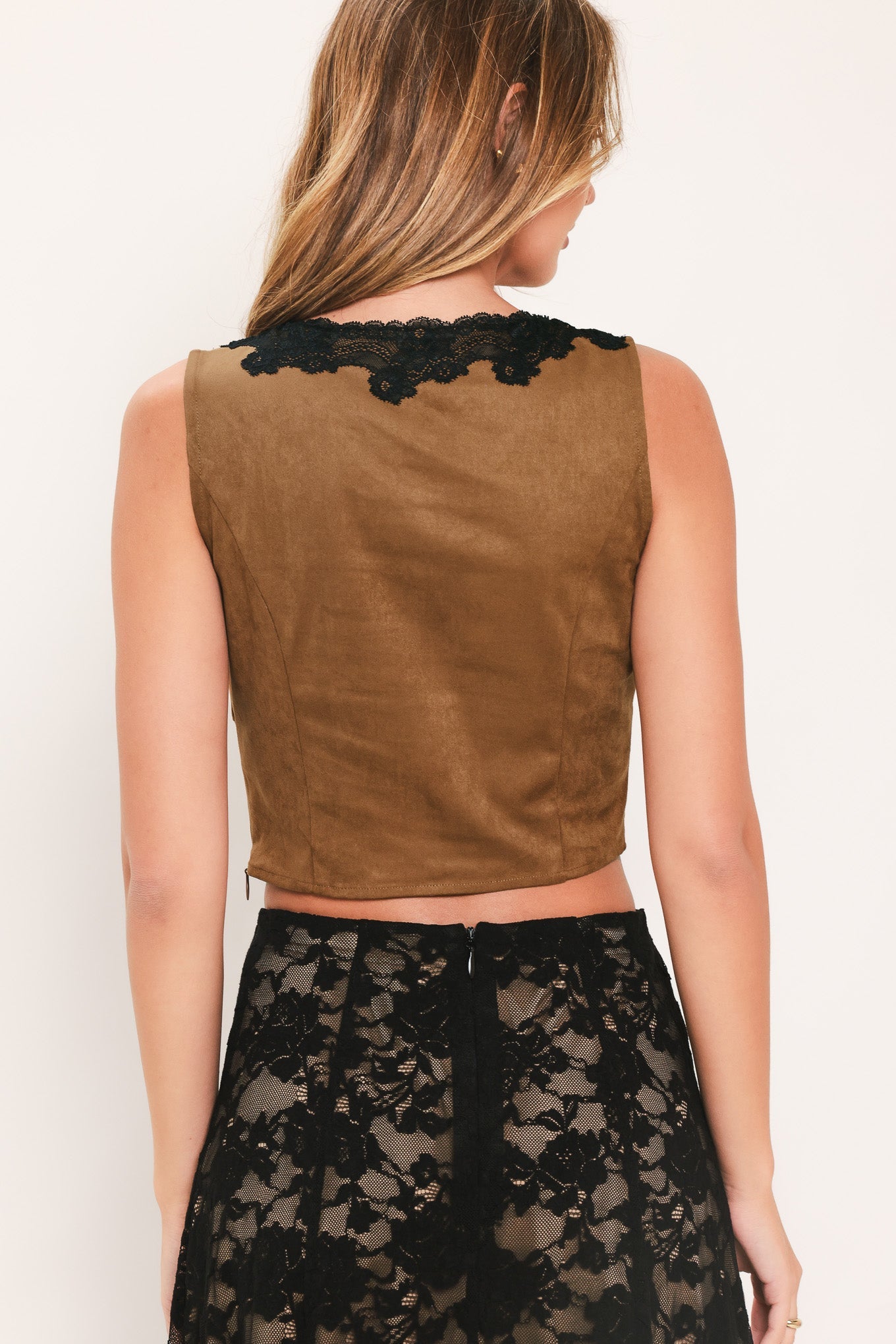 UMBER LACE AFTERGLOW FAUX SUEDE CROP TOP - - TOPS