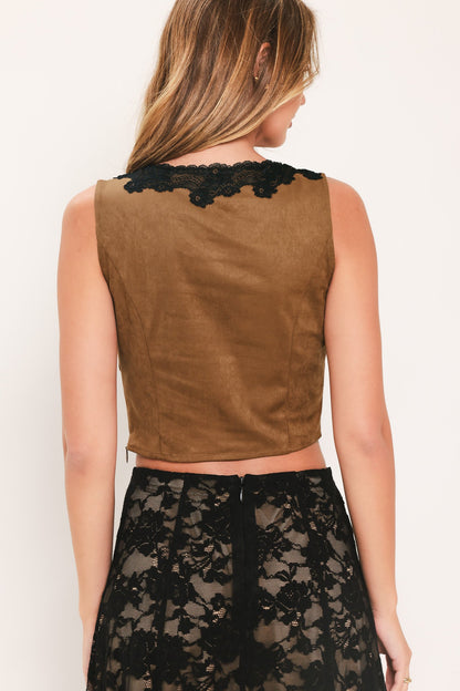 UMBER LACE AFTERGLOW FAUX SUEDE CROP TOP - - TOPS
