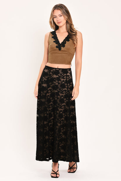 UMBER LACE AFTERGLOW FAUX SUEDE CROP TOP - - TOPS