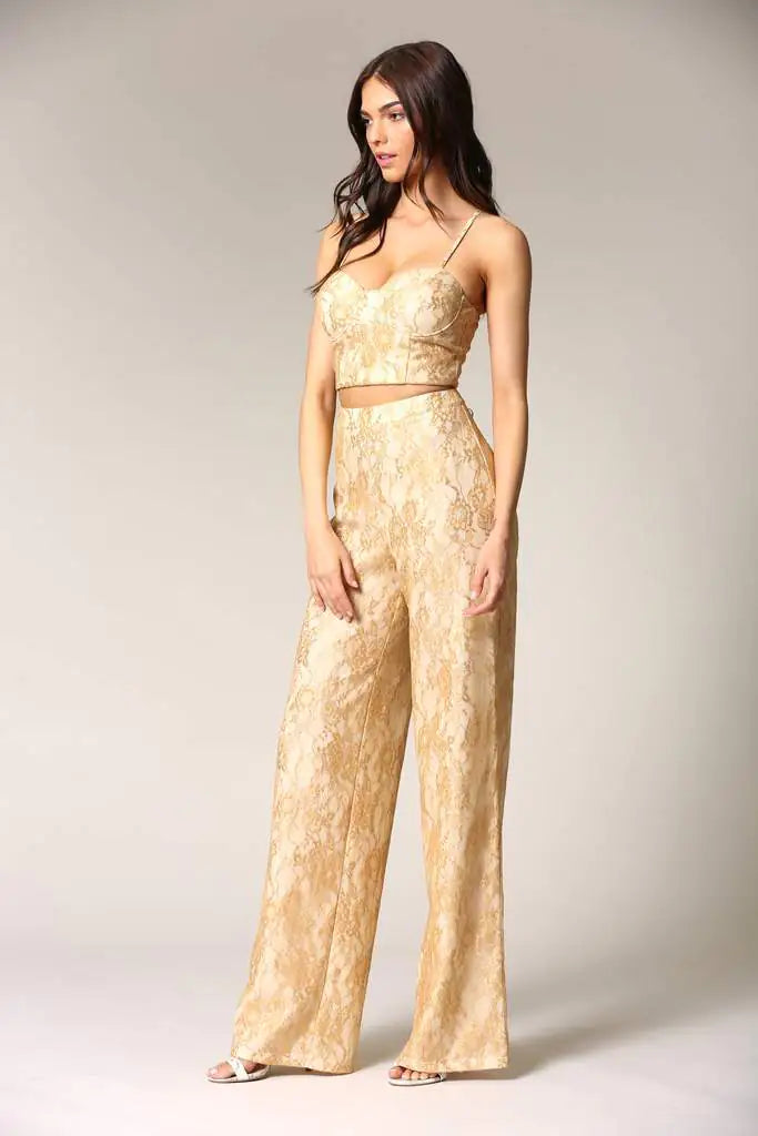 Caeli Two-Piece Gold Lace Pants Set - - clothing set