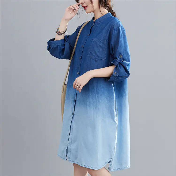 Gradient Color Denim Shirt - Versatile Mid-Length Style Kia Day Design