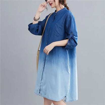 Gradient Color Denim Shirt - Versatile Mid-Length Style Kia Day Design