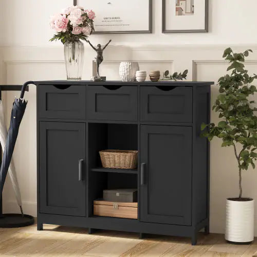 Black Storage Cabinet with Drawers and Shelves - Kia Day Design