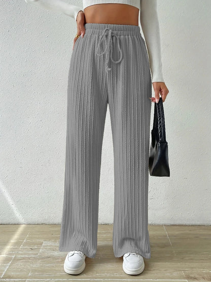 New Tie Waist Texture Knitted Wide Leg Pants Gray