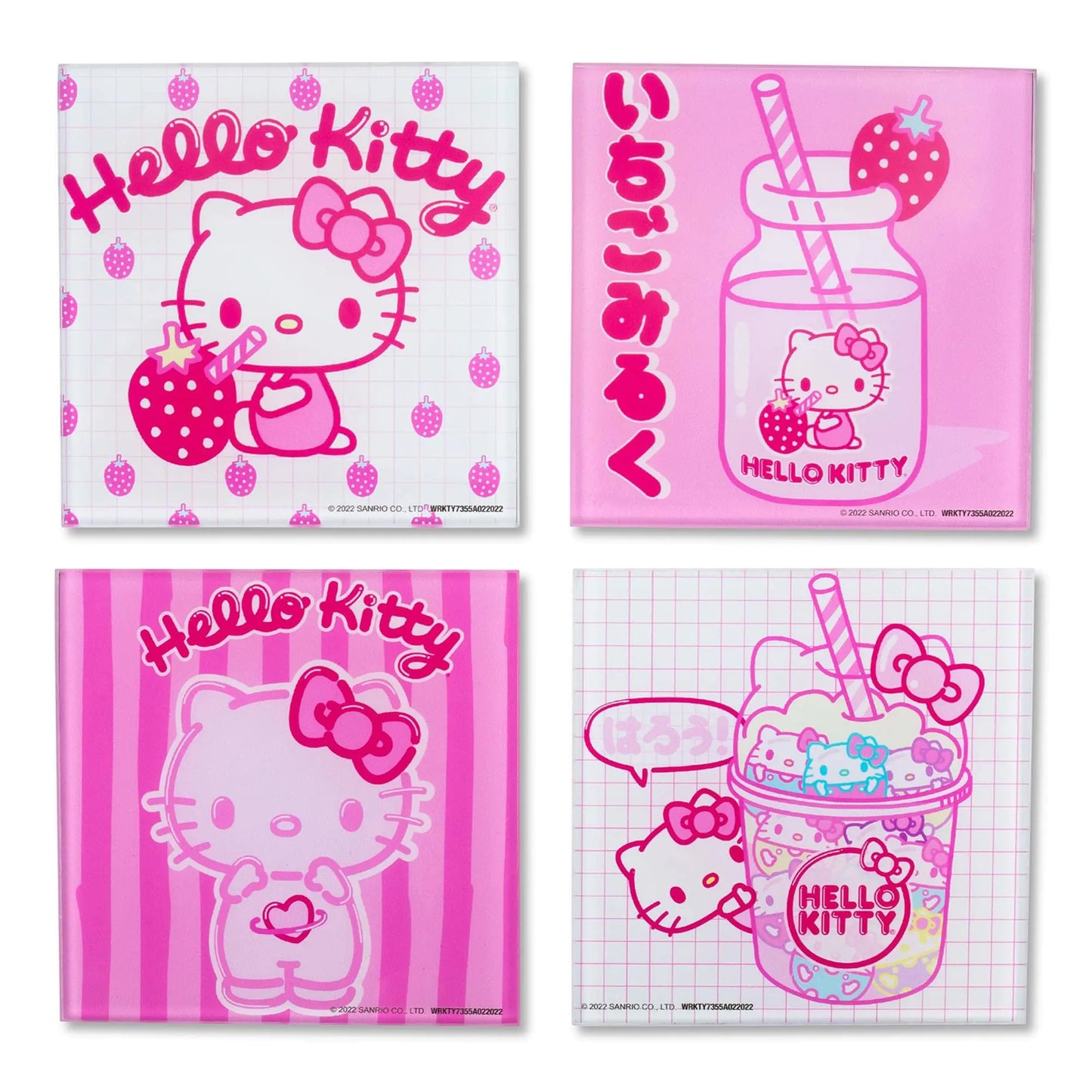 Sanrio Hello Kitty Strawberry Milk Glass Coasters for Drinks Set of 4 | Tabletop Protection for Home Kitchen Dining Room Table