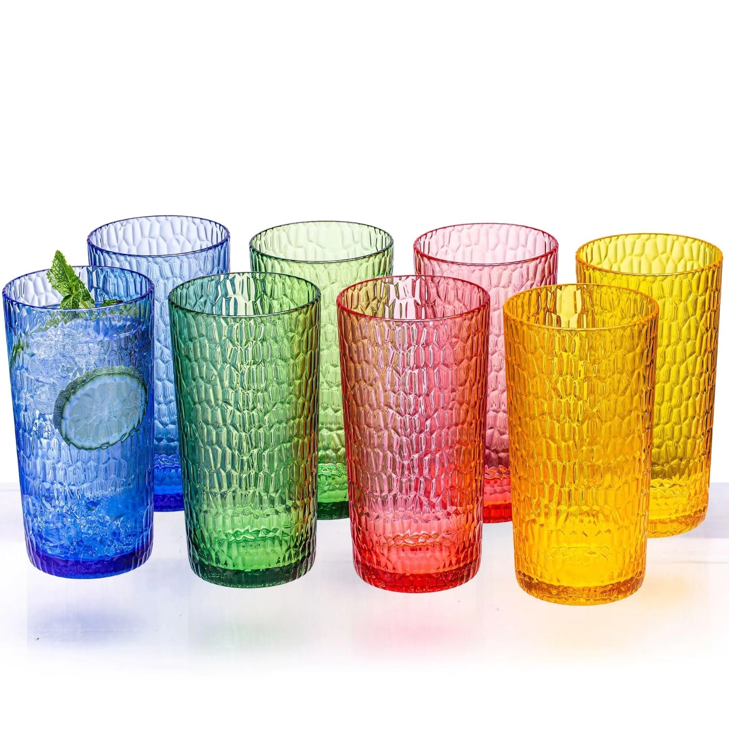 MIYOPESI 22oz Colorful Acrylic Glasses Drinkware (Set of 8) Honeycomb Stackable Shatter-Proof Plastic Tumblers Reusable Plastic Drinking Glasses BPA-Free Dishwasher-Safe Kia Day Design