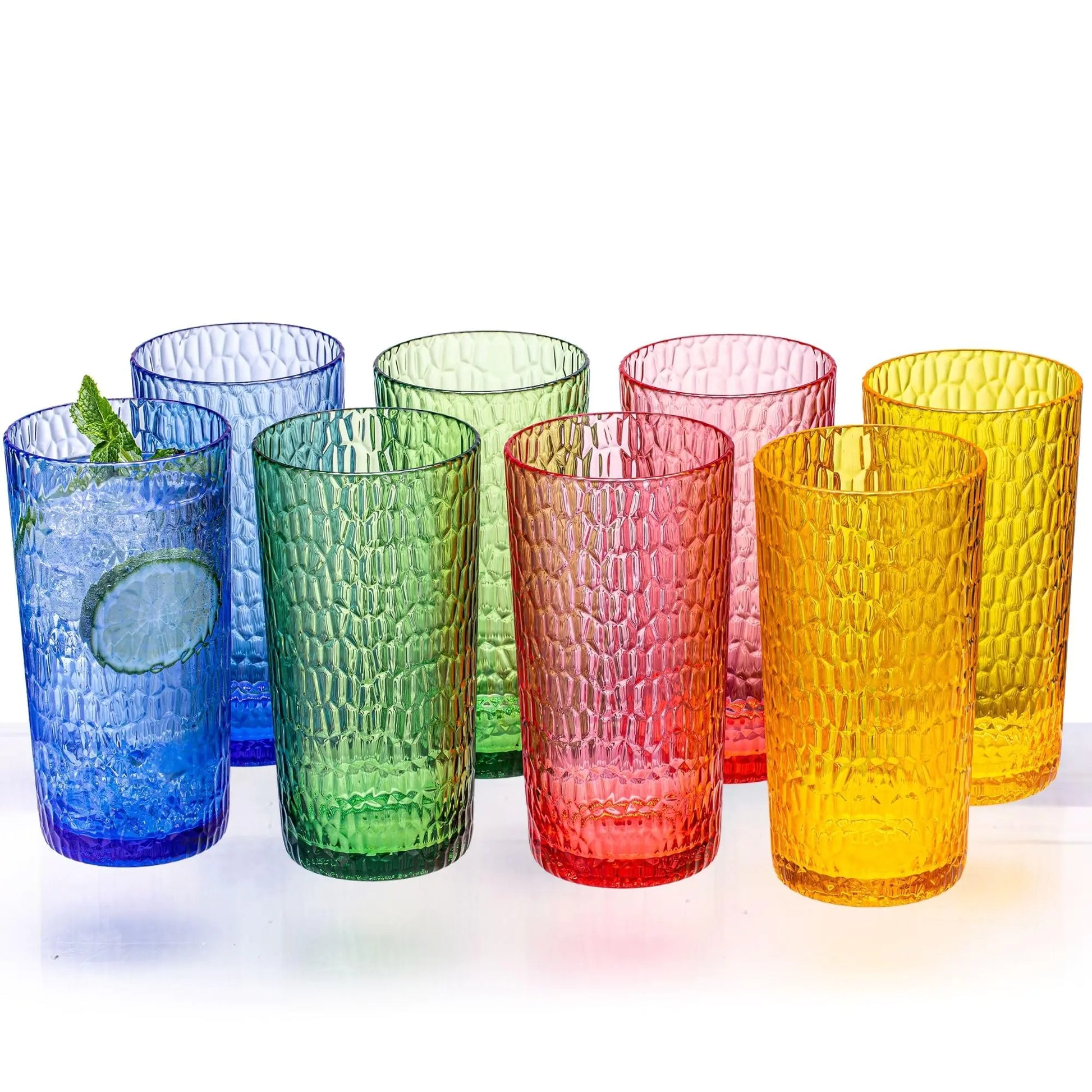 MIYOPESI 22oz Colorful Acrylic Glasses Drinkware (Set of 8) Honeycomb Stackable Shatter-Proof Plastic Tumblers Reusable Plastic Drinking Glasses BPA-Free Dishwasher-Safe Kia Day Design