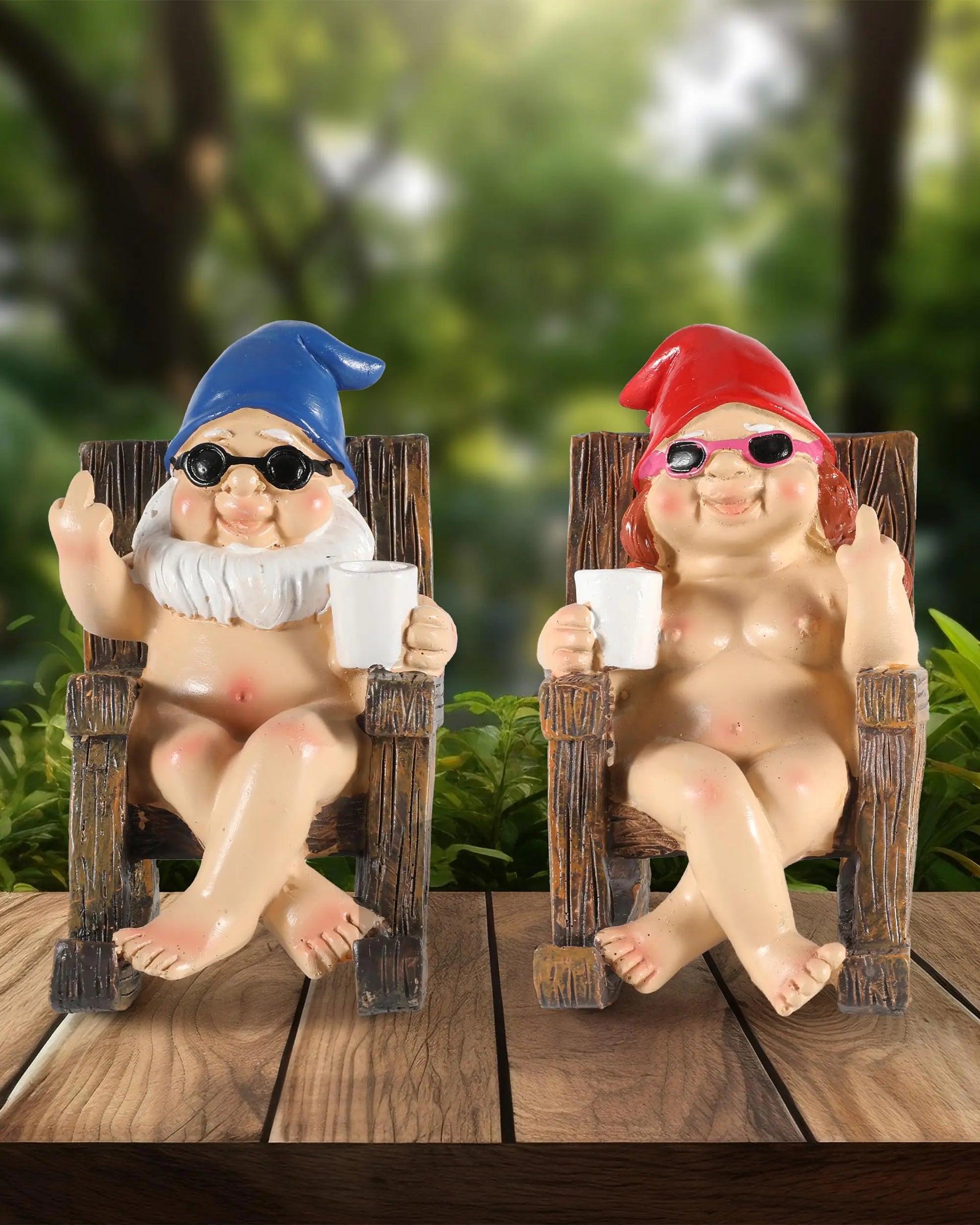 iStatue Funny Gnomes in Rocking Chair - 2 Pack Resin Middle Finger Decor Collectible Naked Gnome Figurines - Naughty Gifts for Garden Home and Office Kia Day Design