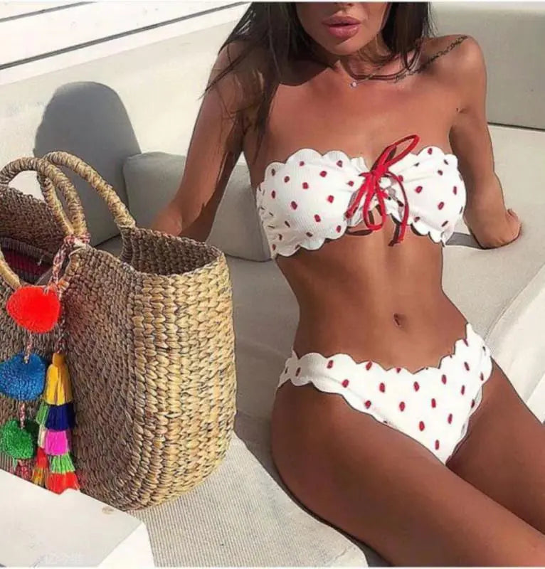 Polka Dot Printed Bikini Set - Red and white M - bikini