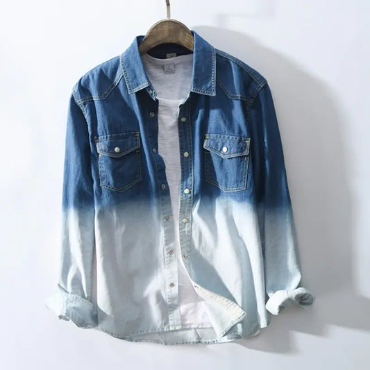 Men's Gradient Color Denim Shirt Jacket with Pockets - Kia Day Design