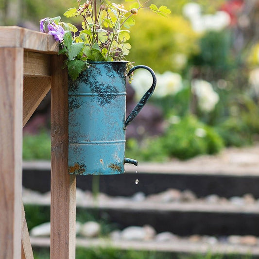 Rustic Blue Iron Flower Pot with Handle - -