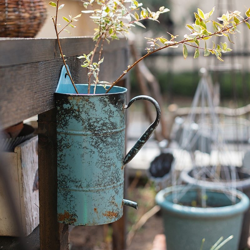 Rustic Blue Iron Flower Pot with Handle - -