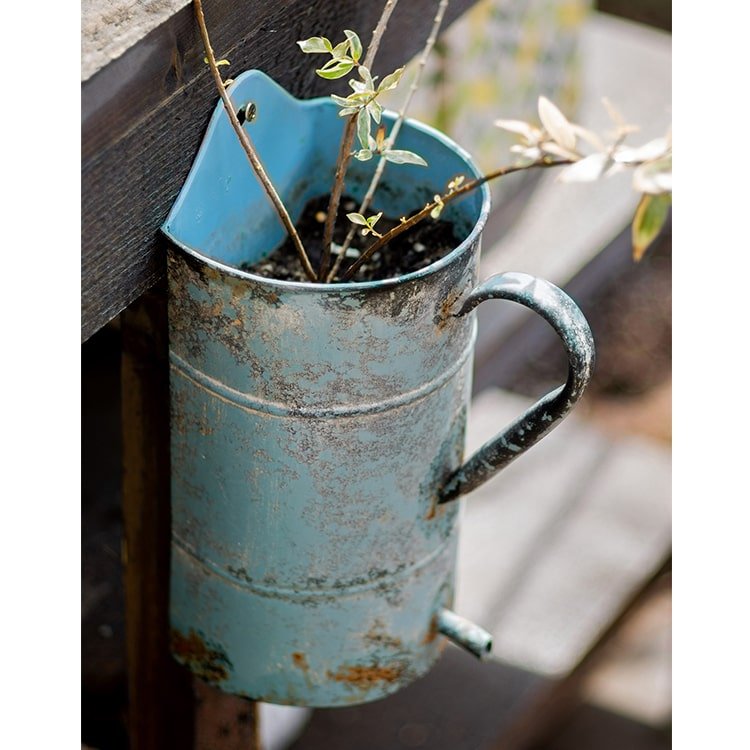 Rustic Blue Iron Flower Pot with Handle - -